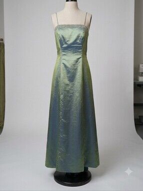 Vintage 90s Alex Evenings Iridescent Color Shifting Green Maxi Dress Floral 14